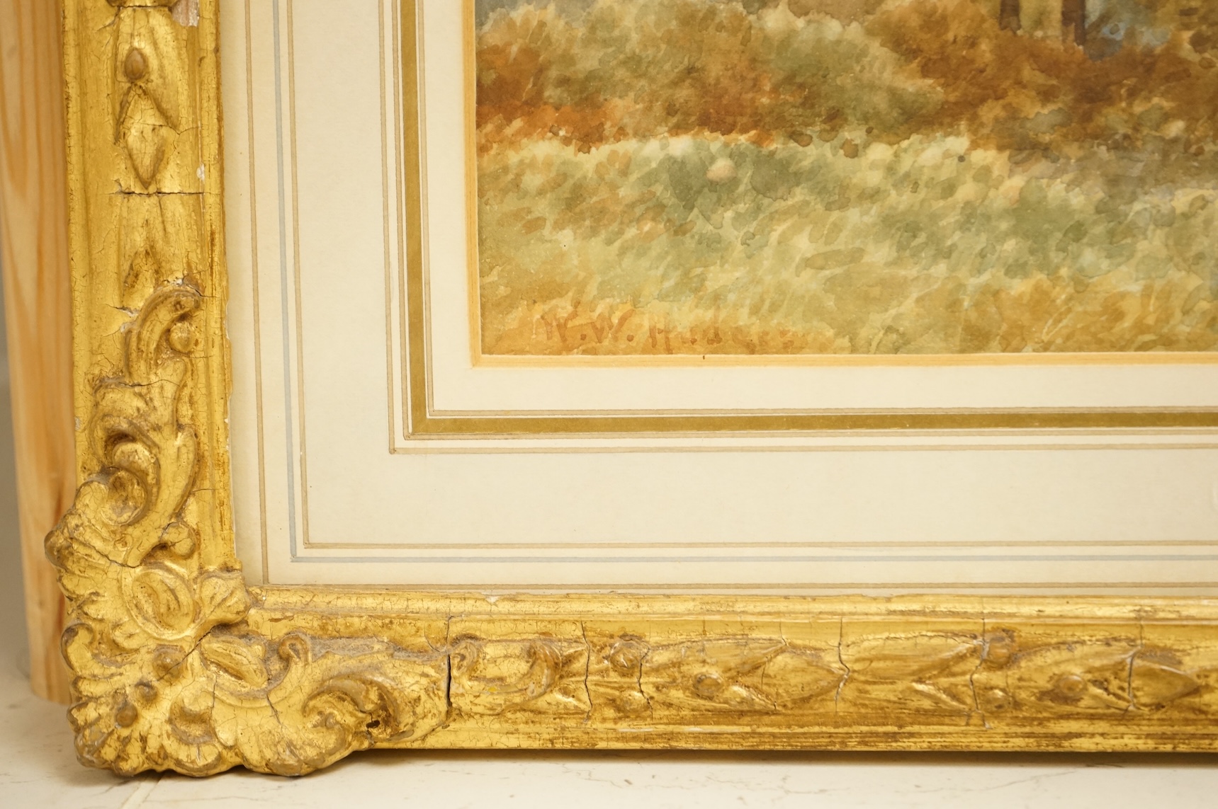 William Woods Hodges (19th. C), Landscapes with churches, signed, pair of watercolours, 19 x 30cm, gilt framed
